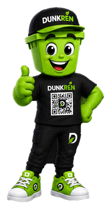 Dunkren-maskoten: en grønn avfallsdunk med caps som gir tommel opp